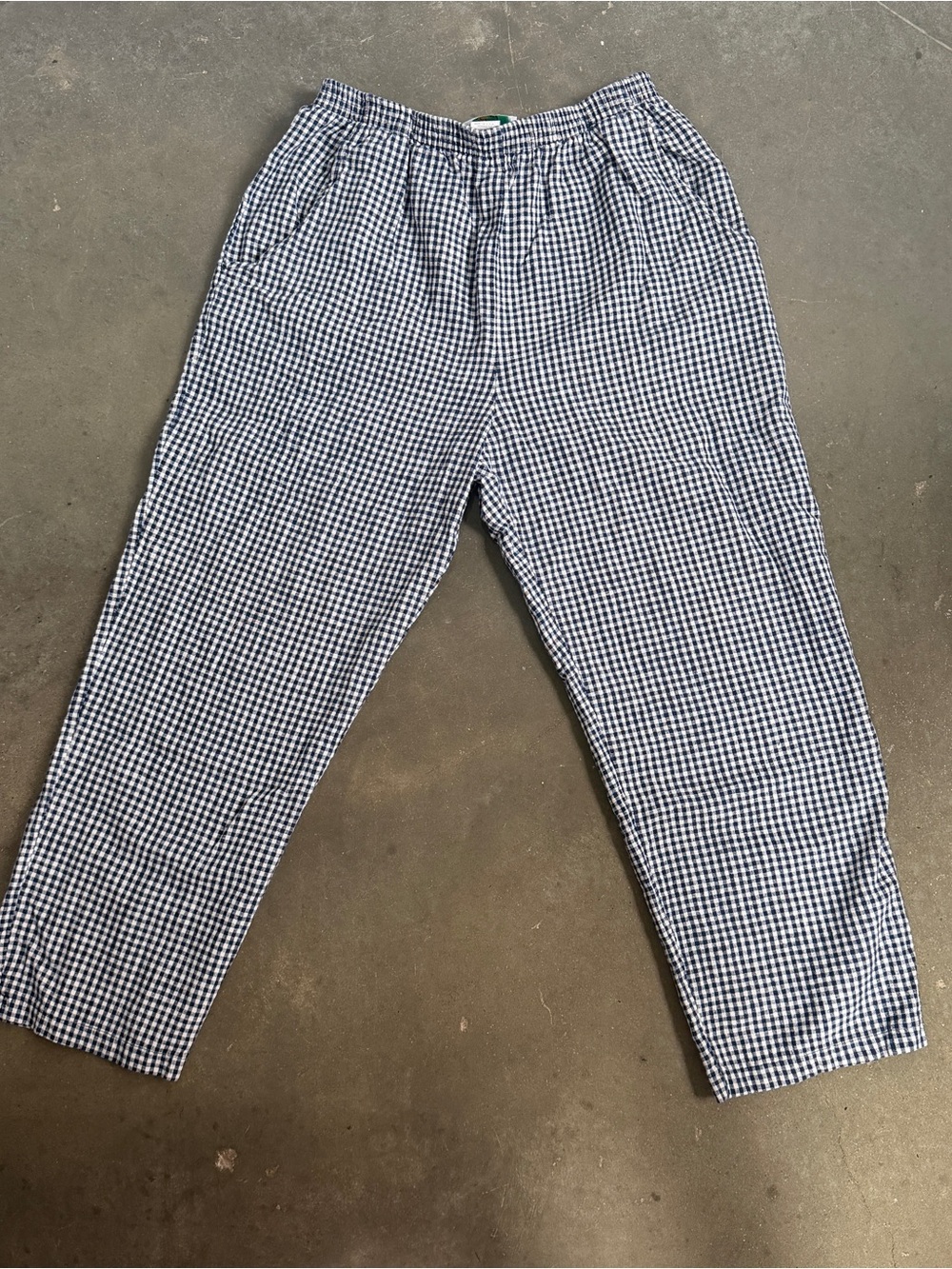 Vintage Navy & White Gingham Elastic Waist Linen Cotton Pants made in USA sz M